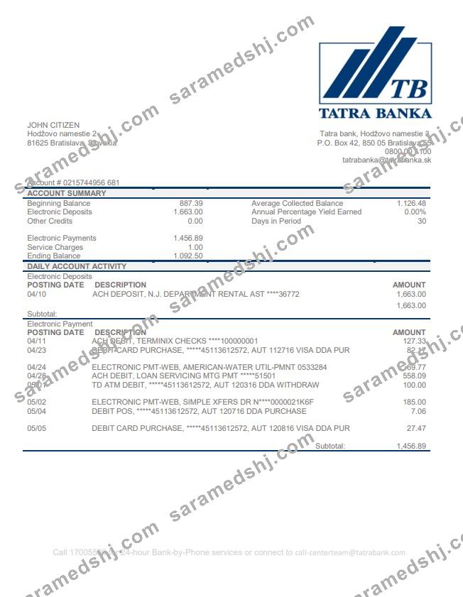 Slovakia Tatra Bank proof of address statement template in Word and PDF format